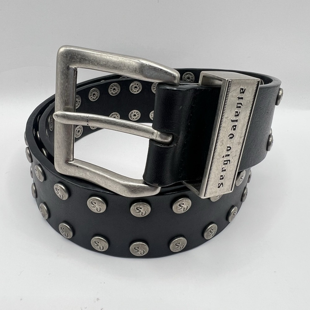 Y2K Sergio Valente Studded Leather Belt Unisex M (29-33) Black Biker Western